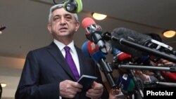 Armenia - President Serzh Sarkisian talks to journalists after casting a ballot vote in municipal elections in Yerevan, 5May2013.