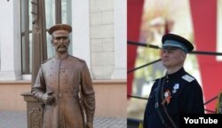 Міністар унутраных спраў Ігар Шуневіч (справа) і помнік гарадавому ў Менску