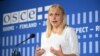 Голова ОБСЄ, міністрка закордонних справ Фінляндії Еліна Валтонен виступає на конференції ОБСЄ «Гельсінкі+50» у Гельсінкі, Фінляндія, 31 липня 2025 року