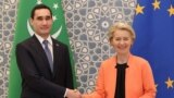 Türkmenistanyň prezidenti Serdar Berdimuhamedow we Ýewropa Komissiýasynyň prezidenti Ursula fon der Leýen. Samarkand. 3-nji aprel