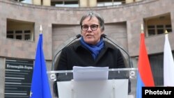 Armenia - Liliane Maury Pasquier, president of the Council of Europe's Parliamentary Assembly, speaks at the inauguration of Europe Square in Yerevan, March 28, 2019.