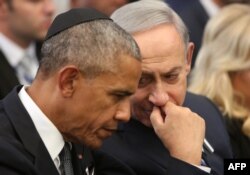 Barack Obama și Benjamin Netanyahu la funeraliile de la ierusalim