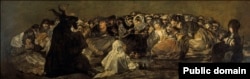 "Съботата на вещиците" на Франсиско де Гоя, рисувана между 1819 и 1823 г. на стената на неговия Дом на глухите. По-късно е прехвърлена на платно и днес се съхранява в музея Прадо в Мадрид